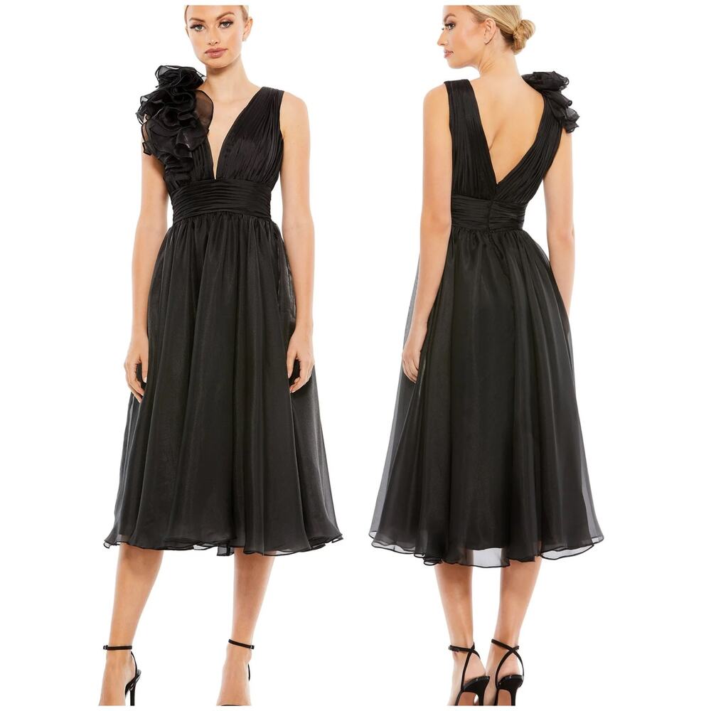 Mac Duggal NWT Plunging V Neck Ruffled A-Line Chiffon Cocktail Dress Black Sz 0